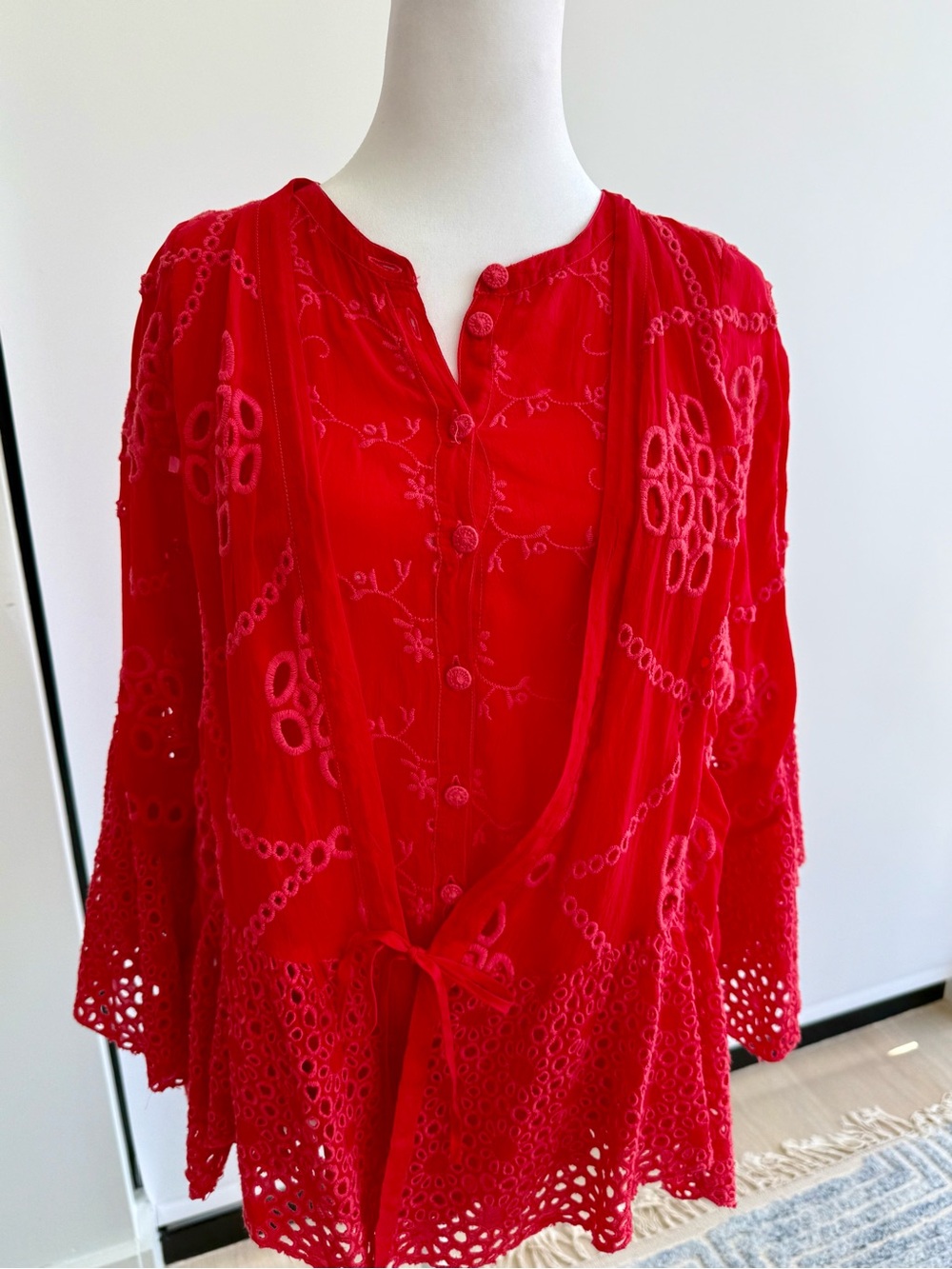 Johnny Was Red Embroidered Button-Front Tunic